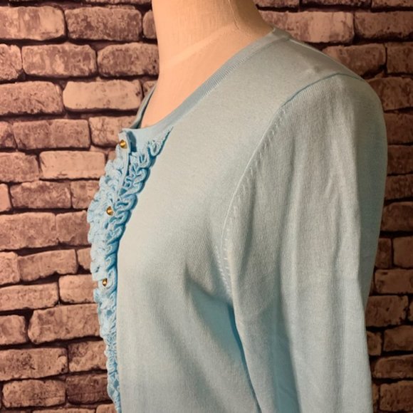 Talbots Aqua 3/4 Sleeve Cardigan W/ Front Ruffle Size Large - Picture 5 of 10